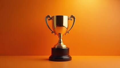 Golden trophy stands against an orange gradient backdrop. Symbol of victory, achievement, and recognition in sports, business, or academic fields. Represents success, reward, and top performance.