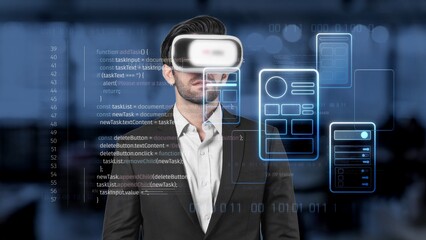 A businessman in a virtual reality headset engages with digital data in a modern workspace, representing innovation and the future of technology-driven business solutions. Raster