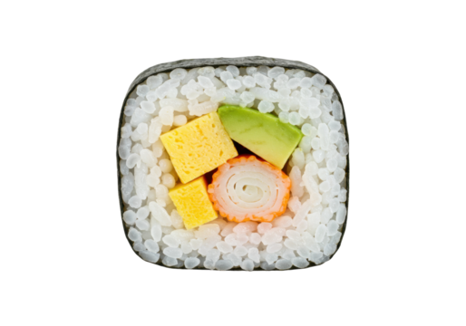 Isolated macro of sushi roll with rice, avocado, egg and fish cake for healthy eating meal
