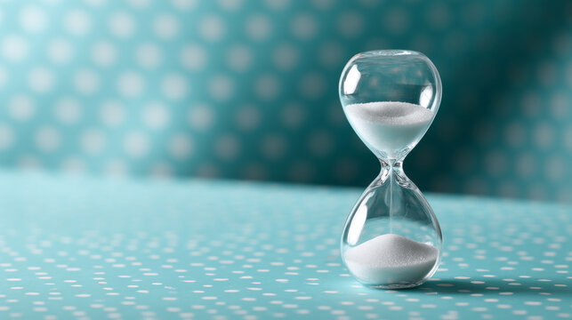 A sand timer on a blue surface with dots, the grains of time passing by in slow motion