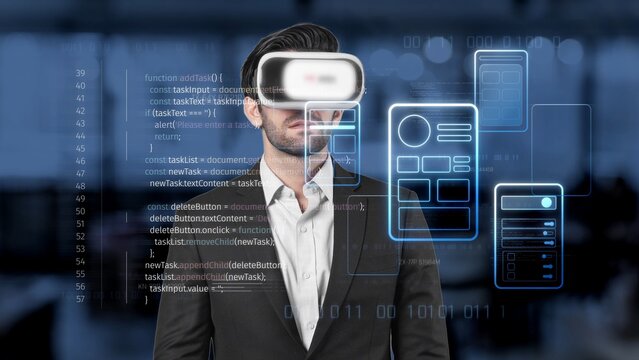 A businessman in a virtual reality headset engages with digital data in a modern workspace, representing innovation and the future of technology-driven business solutions. Raster