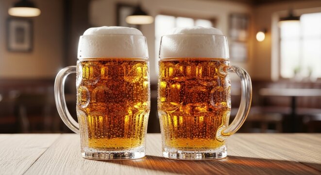 Two frosty mugs of golden beer on a wooden table in a cozy pub setting during the afternoon