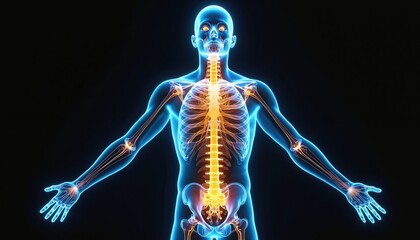 Digital human body xray scan with glowing internal anatomy. Male skeleton bones spine brain joints nerve system displayed. Medical science health tech info research education wellness diagnostic