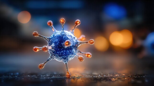 Stunning microscopic view of a vibrant blue virus particle with glowing orange spikes against a blurred bokeh background, perfect for science and healthcare concepts.