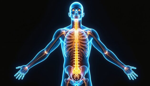 Digital human body xray scan with glowing internal anatomy. Male skeleton bones spine brain joints nerve system displayed. Medical science health tech info research education wellness diagnostic