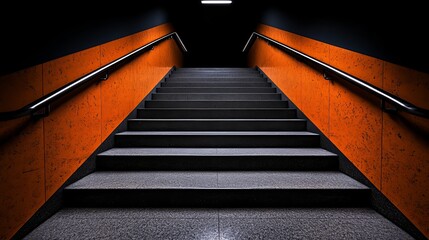 Gray staircase leads upward with orange walls and metal handrails against a darkened background.