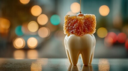 Captivating close up of a tooth topped with sticky honeycomb and dripping honey, symbolizing dental health and sweet temptations