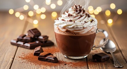 Rich hot chocolate with whipped cream and chocolate shavings served on a wooden table with fairy lights in the background