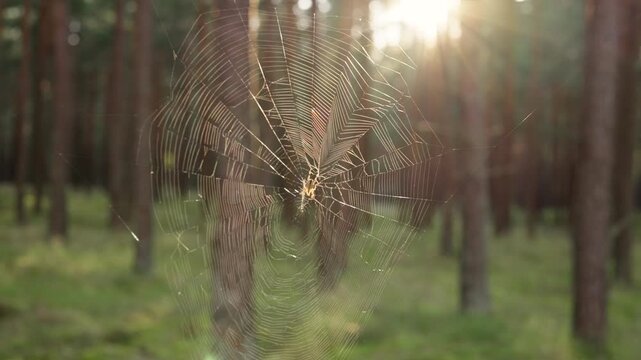 Spider perched in the middle of its web in forest