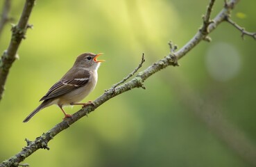 Fototapeta premium Small chiffchaff bird sits on a tree branch singing its song. Its beak is open, chirping with its wings slightly spread. Soft green bokeh background.
