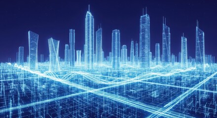 Futuristic city skyline with glowing skyscrapers and grid lines at night showcasing advanced digital architecture