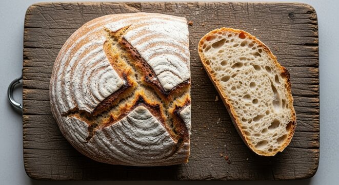 Artisan sourdough bread loaf sliced on a rustic wooden cutting board top view
