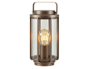Isolated stylish bronze metal lantern with vintage bulb for indoor-outdoor illumination