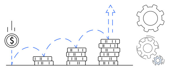 Stacked coin piles growing with arrow progression, falling coin trajectory, and gear mechanisms. Ideal for investment, savings, financial growth, productivity, strategy, economics simple flat © robu_s