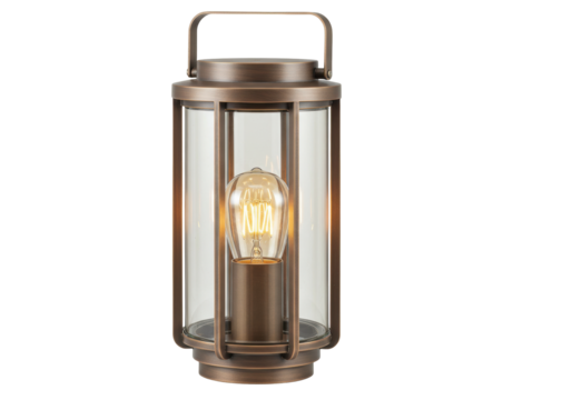 Isolated stylish bronze metal lantern with vintage bulb for indoor-outdoor illumination