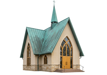 Isolated quaint chapel building in architectural perspective for design purposes, religious service