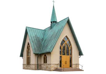 Isolated quaint chapel building in architectural perspective for design purposes, religious service