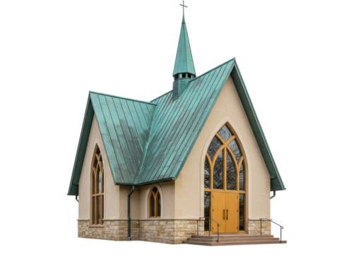 Isolated quaint chapel building in architectural perspective for design purposes, religious service