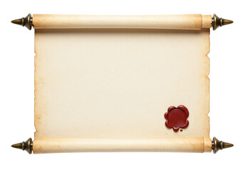Isolated Old vintage rolled scroll parchment with wax seal, antique paper document
