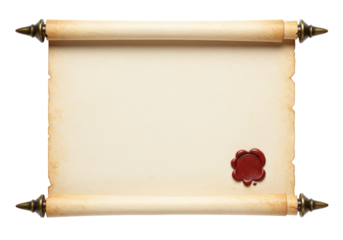 Isolated Old vintage rolled scroll parchment with wax seal, antique paper document