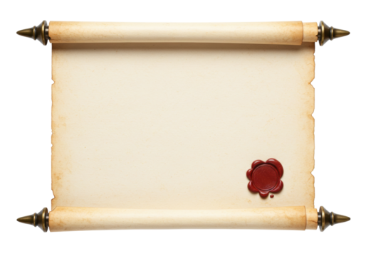 Isolated Old vintage rolled scroll parchment with wax seal, antique paper document