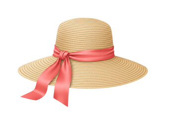 Isolated straw boater hat with ribbon bow, stylish women's summer fashion accessory object