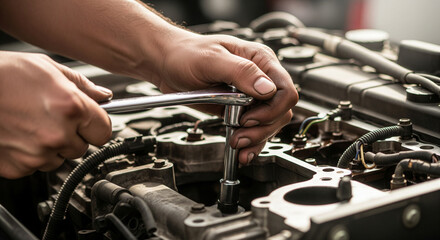 Car mechanic hands using wrench to repair car engine with focus and care