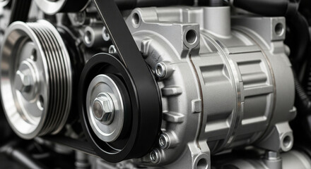 Automotive engine component with belt and pulley system in close up view