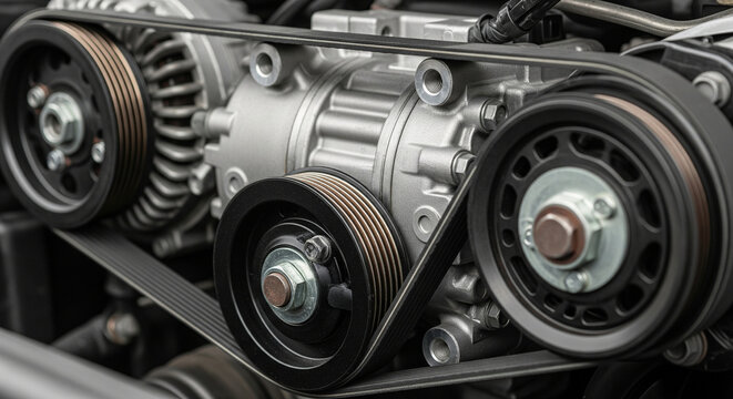 Car engine belt system with pulleys and metal components in close up view