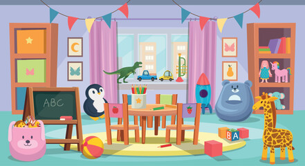A kindergarten interior  with a round table with chairs, a board, and lots of toys. The children's room features calm pastel colors, cartoonish style.