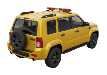 Isolated yellow SUV emergency vehicle with rooftop lights, a 3D rendering, transportation