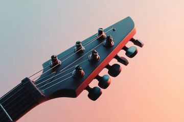 Stylish close-up of a guitar headstock showing tuning pegs, wound strings and fretboard edge in dramatic teal and pink gradient studio lighting