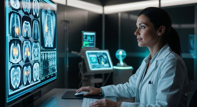 Female doctor analyzing lung and brain scan images on computer screen in modern medical lab