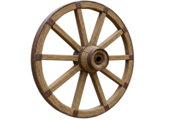 Isolated old wooden wagon wheel with spokes, historic transportation element, vintage decor