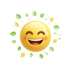 Happy yellow emoji with leaves isolated on transparent background
