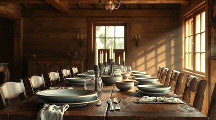 An ultra-realistic digital painting of a rustic wooden dining table set with ceramic plates, linen napkins, and flickering candlelight, bathed in warm, diffused sunlight filtering through a window