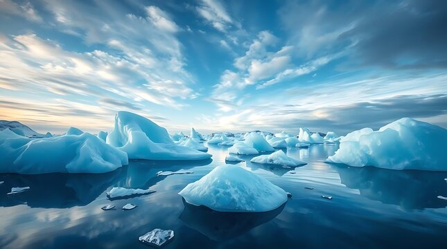 An ultra-realistic digital painting of a remote Icelandic glacial lagoon, featuring ethereal blues and whites of icebergs against a dramatic sky, with a focus on crystalline textures and reflections - Powered by Adobe