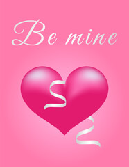 Cute pink Valentine’s Day card with heart and “Be mine” lettering. Romantic flat vector illustration for love greeting cards and social media design.