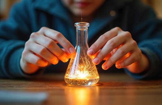 Childs hands hold flask with glowing liquid and sparks. Focus on science experiment, learning, discovery, invention, and chemistry. Education, innovation, energy, power.