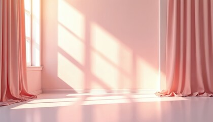 Interior room corner with soft pink walls and drapes. Window light casts geometric shadow patterns on the floor. Clean empty space for design.
