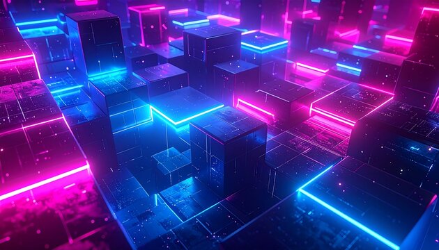 Abstract Neon Cityscape with Glowing Cubes and Vibrant Colors. - Powered by Adobe