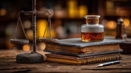 Ancient scales of justice balance old books holding wisdom and a vial of liquid, evoking legal history and scholarly pursuits