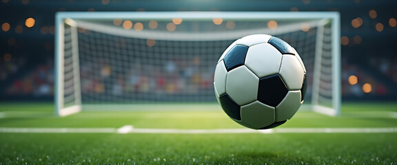 Naklejka premium Soccer ball in the air in front of a goal on a stadium field