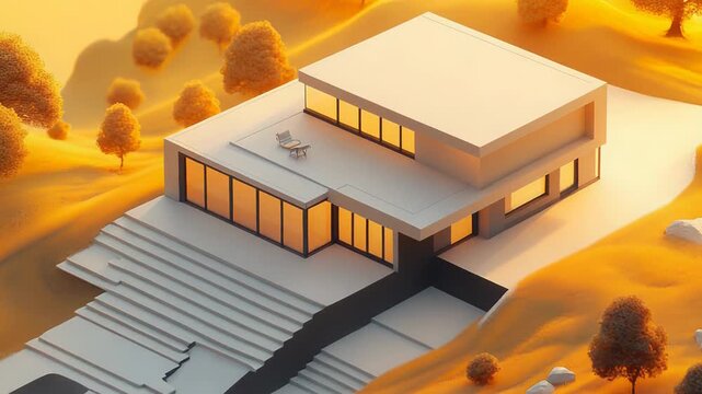 Modern minimalist house in a golden hour landscape