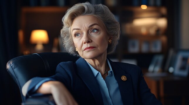Contemplative Senior Businesswoman Gazes Into Distance - Powered by Adobe