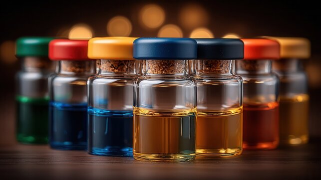 Vibrant collection of colorful liquid vials with cork stoppers and bokeh background, perfect for science and innovation concepts