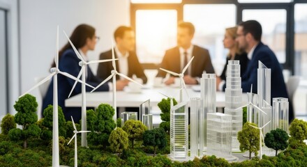 Business team discusses sustainable urban development with models of wind turbines and modern buildings
