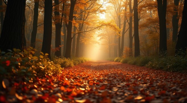 View of a path in a forest with leaves on the ground