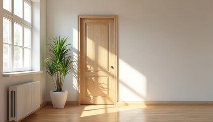 Fototapeta premium Empty room interior with natural light from window. Wooden door stands near potted green plant. Sunlight stripes cast shadows on the floor and wall. Simple, bright, peaceful.