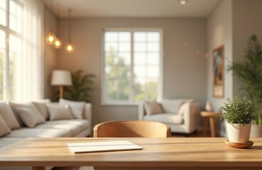 Fototapeta premium Modern home office interior with wooden desk, chair in foreground. Blurred background features cozy living room with sofa, lamp, plants. Natural light pours in through large windows. Potted plant,